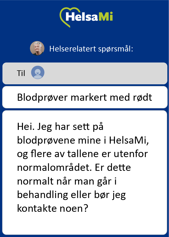 Skjermbilde av pasientmelding fra pårørende til helsesykepleier. Hei, jeg vet ikke hvordan jeg skal srkive dette. mamma har fått kreft, og alle hjemme prøver å være positive hele tiden. Men jeg er egentlig ganske redd.