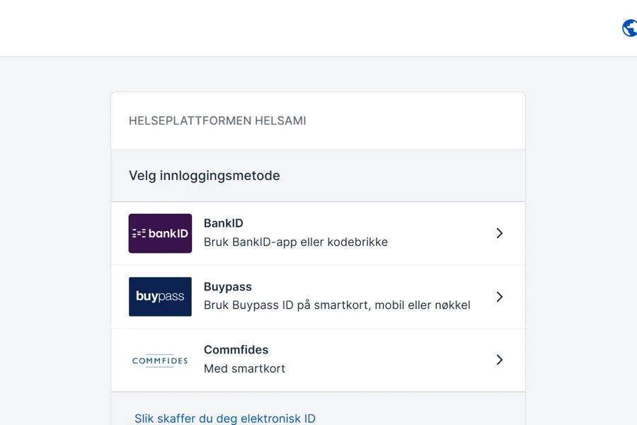 Skjermbilde av innloggingsmuligheter på HelsaMi - appversjonen
