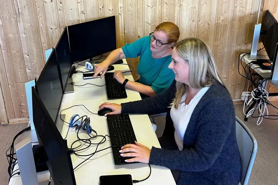 En mann og en kvinne som jobber på en datamaskin