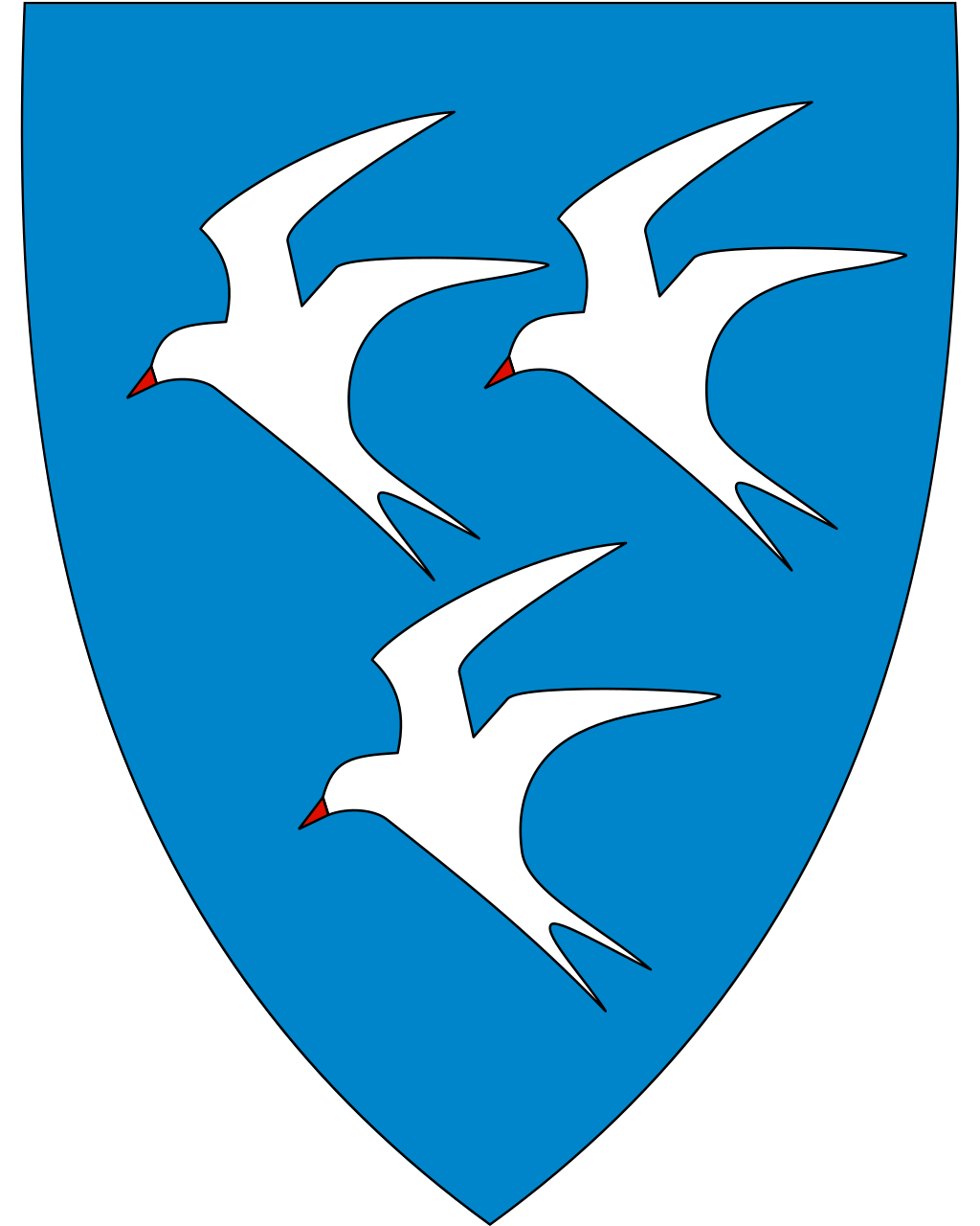 Kommunevåpenet til Åfjord kommune med tre hvite terner på blå bakgrunn