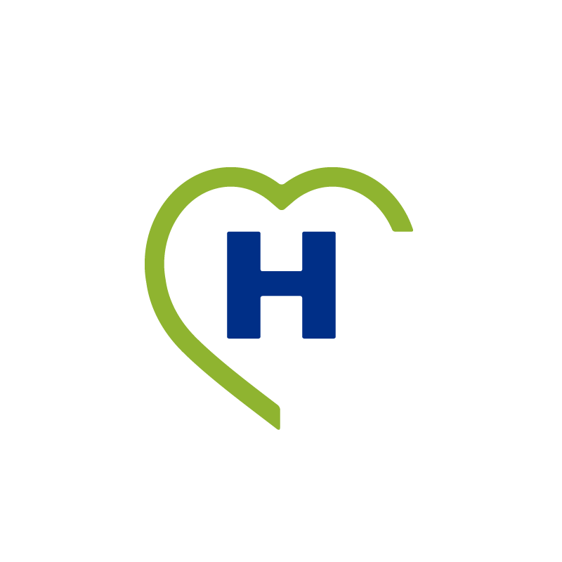 Grafikk av HelsaMi-logoen, som er en blå H med et grønt halvt hjerte rundt.