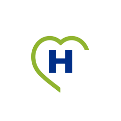 Grafikk av HelsaMi-logoen, som er en blå H med et grønt halvt hjerte rundt.