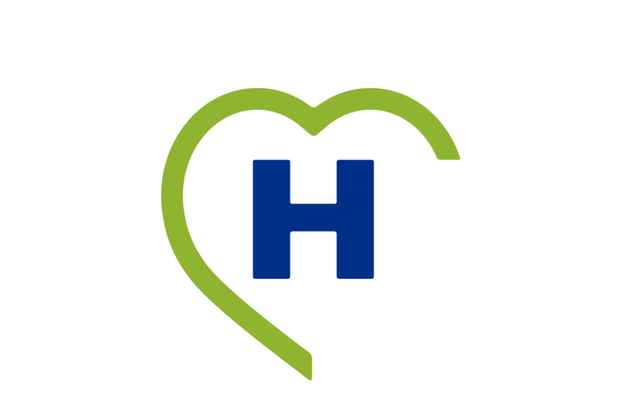 Grafikk av HelsaMi-logoen, som er en blå H med et grønt halvt hjerte rundt.